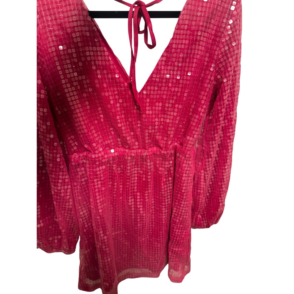Pink Lily Sequin Tunic L Hot Pink Long Slve Party Cocktl Y2K Glam Tie Back‎